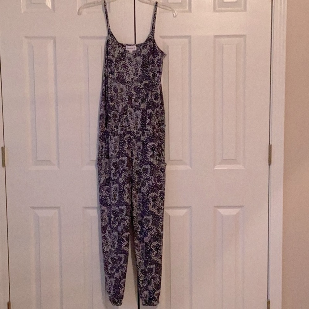 Veronica M, navy & white circle patterned spaghetti strap jumpsuit, small.